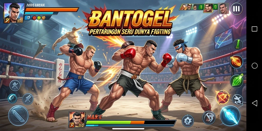 Screenshot gameplay BANTOGEL menampilkan pertarungan mendebarkan antar karakter.