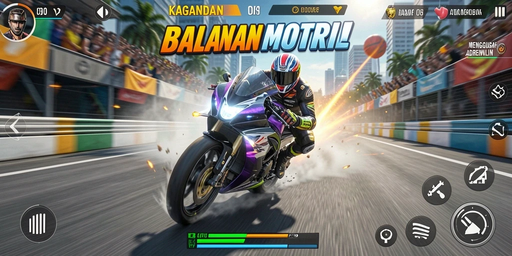 Screenshot gameplay KAGANDAN yang menunjukkan balapan motor yang mendebarkan.