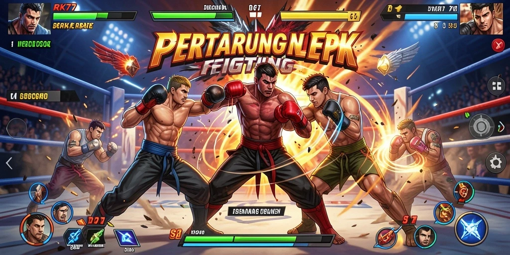 Tampilan aksi pertarungan seru dalam RK77 dengan karakter yang kuat.