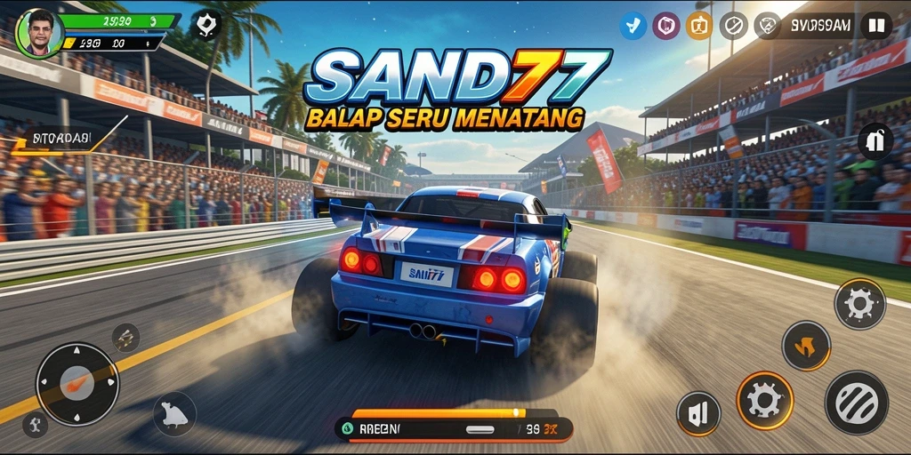 Tangkapan layar gameplay <strong>SAND77</strong> menunjukkan balapan mendebarkan di trek yang menantang.