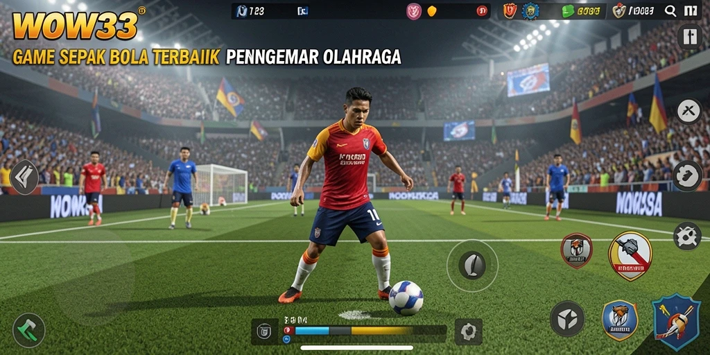 Screenshot utama WOW33 menampilkan aksi seru dalam pertandingan sepak bola.
